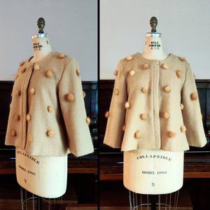 EUC Bess Tan Cropped Jacket with Furry Beige Pompoms – Small Veste Petit